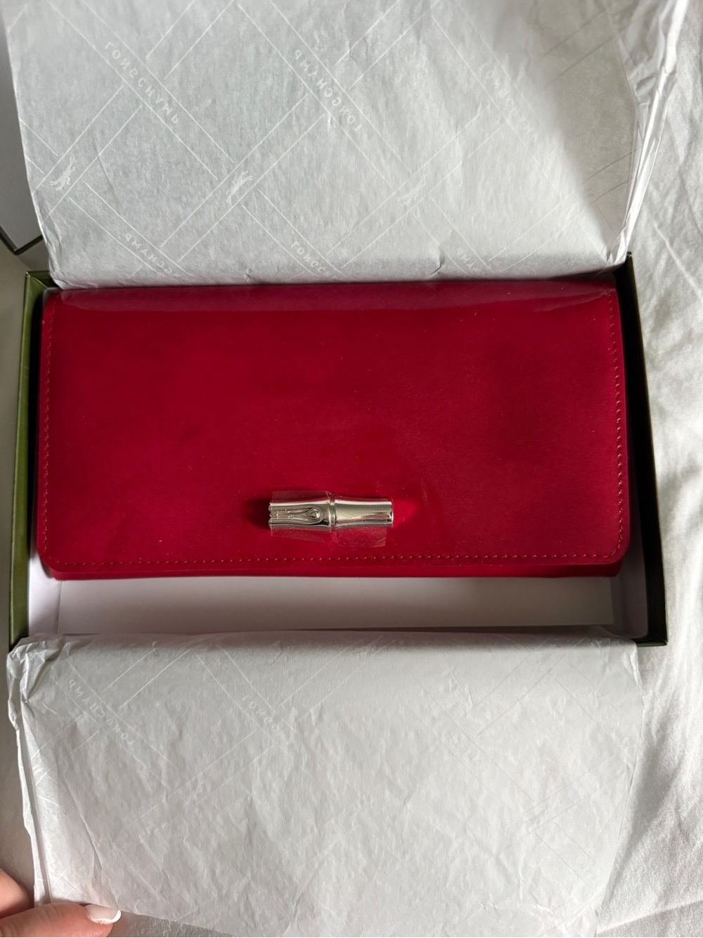 Longchamp Le Roseau Red Patent Leather Continental Flap Wallet Silver Hardware